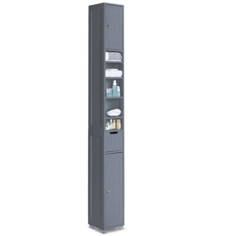 VOUNOT® Colonne de salle de bain 20x20x180cm - Meuble rangement avec étagères réglable, tiroir et armoires à portes - MDF - Gris