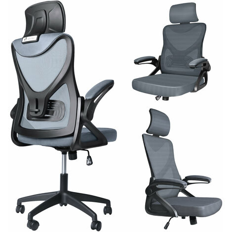 VOUNOT® Fauteuil de bureau ergonomique pivotant avec appuie-tête - Hauteur et dossier réglables - Toile respirant - Gris