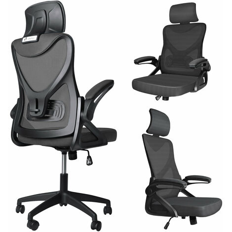 VOUNOT® Fauteuil de bureau ergonomique pivotant avec appuie-tête - Hauteur et dossier réglables - Toile respirant - Noir