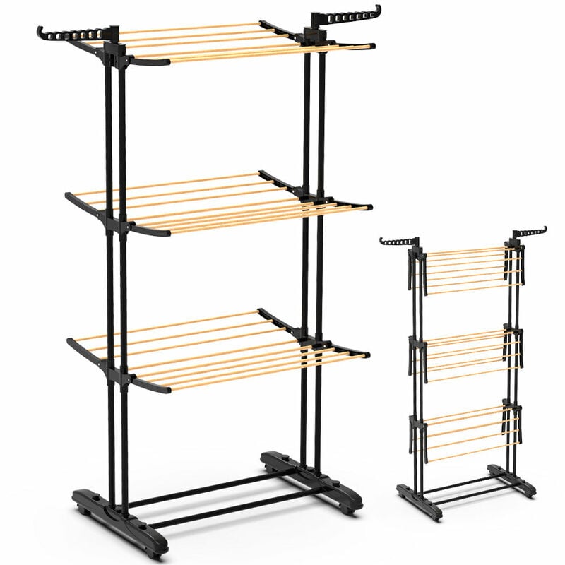 Foldable 3 Tier Clothes Airer, Hang Clothes Dryer, 3 Levels Drying Rack with Wheels, Wooden Style - Vounot