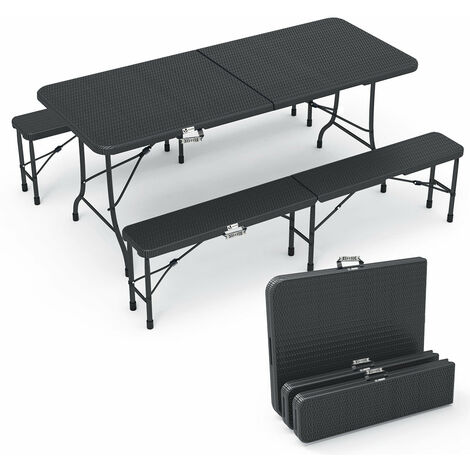 VOUNOT Folding Table Bench Set Trestle Portable Party Picnic BBQ Camping Set, Black