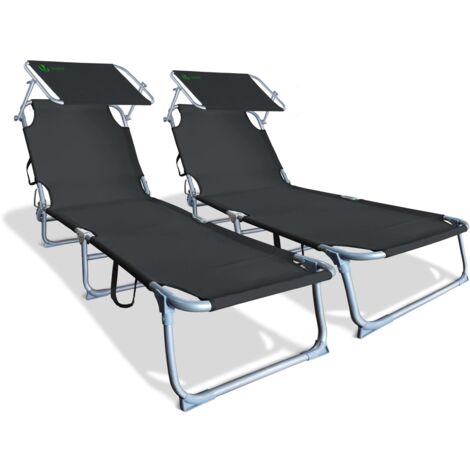 VOUNOT Gartenliege Sonnenliege Klappbar, mit Sonnendach und Rückenlehne Verstellbar, 2er Set, Schwarz