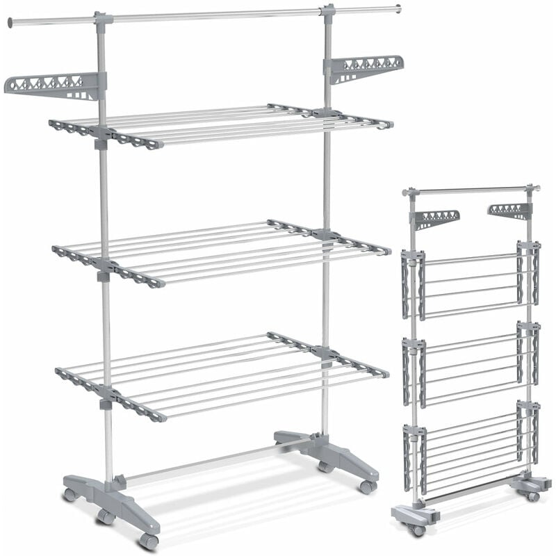 Large 3 Tier Clothes Airer, Laundry Drying Rack Foldable Stainless Steel Clothes Horse - Vounot