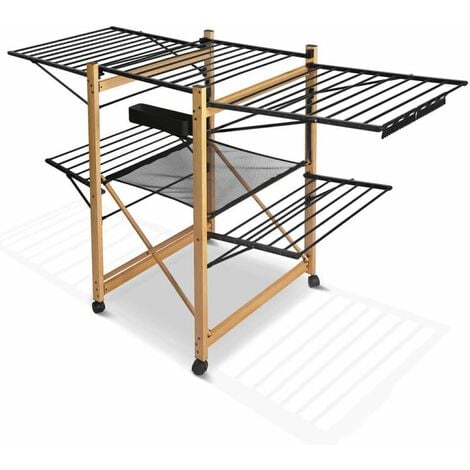 VOUNOT Large Clothes Airer Foldable 2-Level with Wings & Casters Black&Wood Look