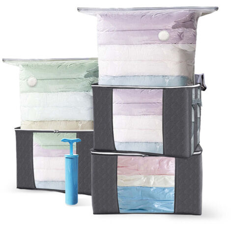VOUNOT® Lot de 7 sacs de rangement sous vide Non-tissé XXL - 3 housses avec poignée, 3 sacs, 1 pompe - pour duvet couettes vetements