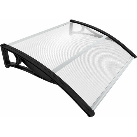VOUNOT® Marquise auvent de porte d'entrée 100x80cm avec support central - Polycarbonate transparent - Anti-UV - Noir