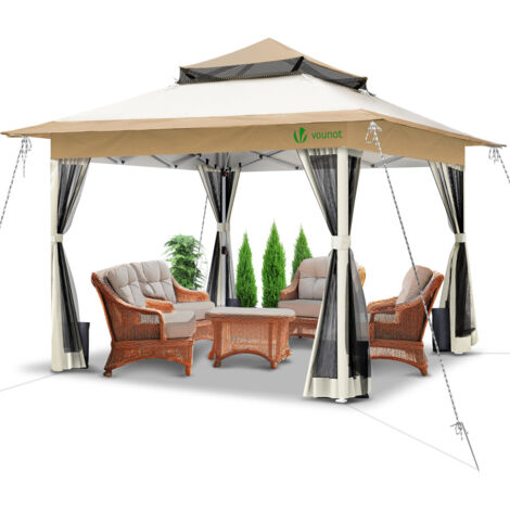 VOUNOT® Pavillon 3,6x3,6m, Pop Up Partyzelt mit Mesh Sides & Doppeldach Faltpavillon Beige