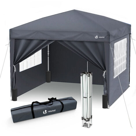 VOUNOT® Pavillon 3x3m mit 4 Seitenteilen & 4 Sandsäcke, Pop Up Faltpavillon, Faltbar Gartenzelt Partyzelt, inkl. Tasche, Grau