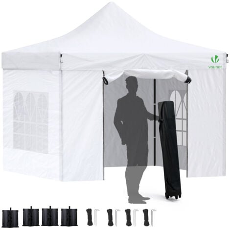 VOUNOT Pavillon 3x3m, Wasserdichter Faltpavillon, Faltbar Partyzelt mit 4 Seitenteilen, 4 Sandsäcke, Weiß