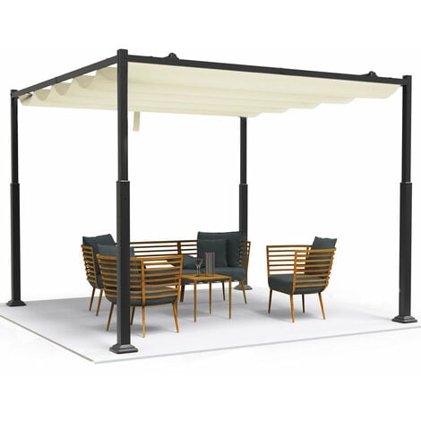 VOUNOT® Pergola rétractable 3x3m en metal et toile polyester haute densite 180 g/m² beige