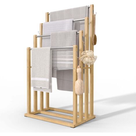Portasciugamani Da Terra Relaxdays In Bambù – 3 Bracci, 2 Ripiani, Autoportante, Pieghevole, 134x53x31.5 Cm, Marrone