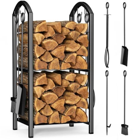 Vounot – Porte-bûches intérieur 75x33x38cm en acier inoxydable – 4 outils inclus – Résistant à la rouille – Ventilation optimale pour bois sec
