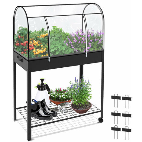 VOUNOT Raised Garden Bed, Mobile Metal Planter with Wheels and Bottom Shelf for Vegetables, Plants and Flowers