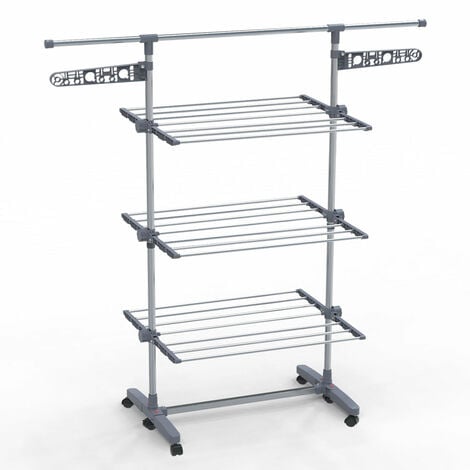 VOUNOT® Séchoir à linge inox robuste pliable - étendoir mobile 3 niveaux - ailes pliables - barre télescopique extensible