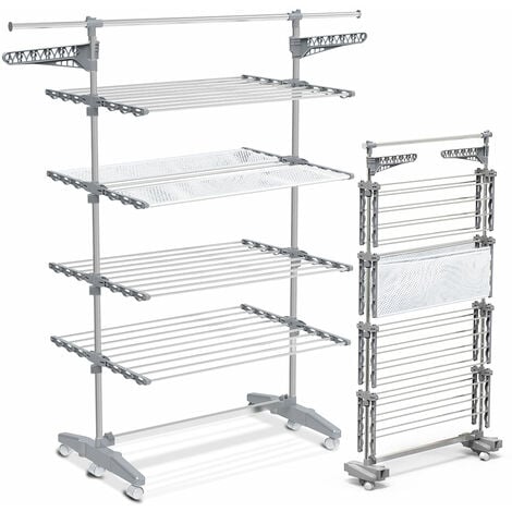 VOUNOT® Séchoir à linge pliable avec maille - étendoir mobile 4 niveaux - ailes pliables - barre télescopique extensible