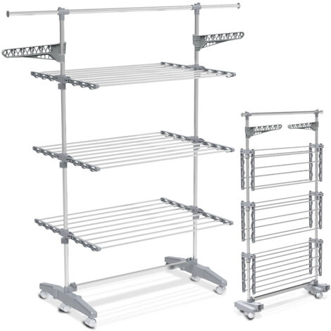 VOUNOT® Séchoir à linge pliable avec roulettes - étendoir mobile 3 niveaux - ailes pliables - barre télescopique extensible