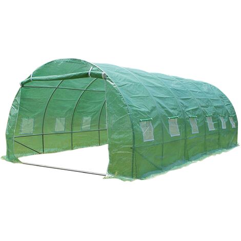 Vounot – Serre tunnel 18m² en acier galvanisé vert – bâche polyéthylène 140g/m² anti-UV – 6 fenêtres latérales – porte enroulable – 2 barres anti-tempête