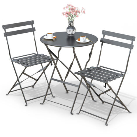 VOUNOT Set da Giardino 3 Pezzi Tavolo Bistrot con 2 Sedie, Set Mobili 3pz Pieghevole in Acciaio, Grigio