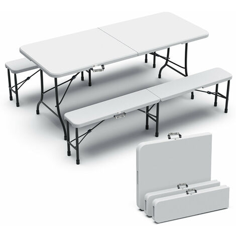 Vounot – Table de camping pliable 180 cm – Lot de 1 table et 2 bancs – 8 places – HDPE résistant aux UV – Acier revêtu pour solidité