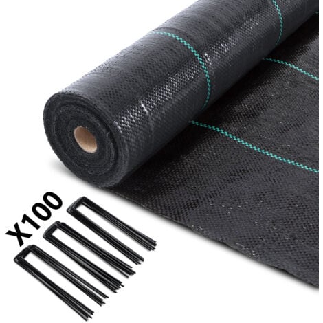 VOUNOT® Toile de paillage 50m x 2m 100g/m² avec 100 agrafes - Bâche géotextile anti-mauvaises herbes anti-UV perméable à l'eau anti-repousse