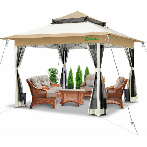 Vounot – Tonnelle de jardin 3,6x3,6m pliable – Moustiquaire intégrée – Acier et polyester – Pour événements extérieurs – Sac de transport inclus