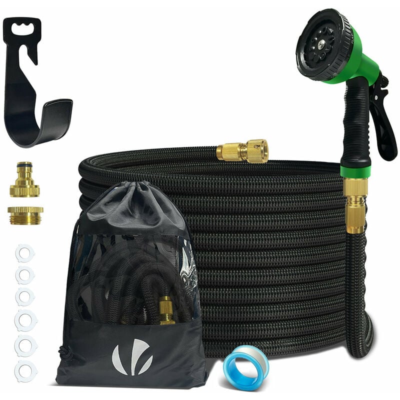 VOUNOT Tubo Irrigazione Estensibile 15m, Tubo Flessibile da Giardino, Pistola a Spruzzo d'Acqua 10 Funzioni Tessuto di 2500D con Accessori, Nero