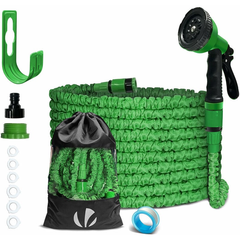 Tubo Irrigazione Estensibile 15m, Tubo Flessibile da Giardino, Pistola a Spruzzo d'Acqua 10 Funzioni Tessuto di 800D con Accessori, Verde - Vounot