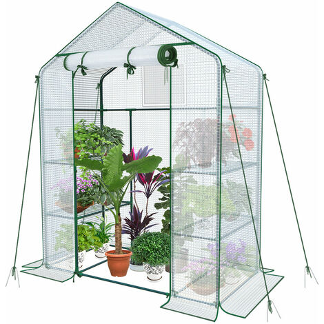 VOUNOT Walk In Greenhouse with Shelves, Garden Polytunnel White 143x73x195cm