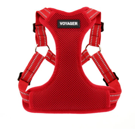Voyager Verstellbares Hundegeschirr mit Reflektorstreifen by Best Pet Supplies - Strapazierfähige Ganzkörperweste ohne Zugkraft mit Leinen-D-Ring, atmungsaktiv, Rot, size L