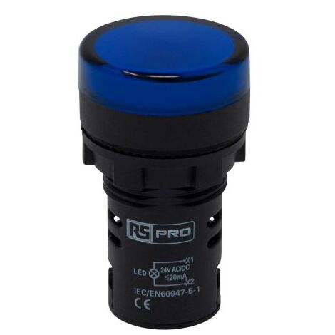 Voyant lumineux LED RS PRO Bleu 24V c.a. / V c.c., Ø découpe 22mm, Montage panneau, IP65 ( Prix pour Paquet de 5 )