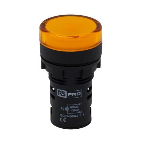 Voyant lumineux LED RS PRO Jaune 230V c.a., Ø découpe 22mm, Montage panneau, IP65 ( Prix pour Paquet de 5 )