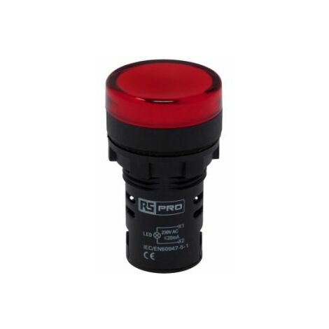 Voyant lumineux LED RS PRO Rouge 230V c.a., Ø découpe 22mm, Montage panneau, IP65 ( Prix pour Paquet de 5 )