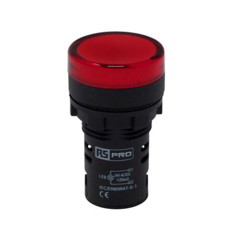 Voyant lumineux LED RS PRO Rouge 24V c.a. / V c.c., Ø découpe 22mm, Montage panneau, IP65 ( Prix pour Paquet de 5 )