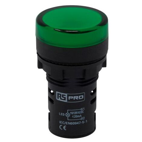 Voyant lumineux LED RS PRO Vert 110V c.a. / V c.c., Ø découpe 22mm, Montage panneau, IP65 ( Prix pour Paquet de 5 )