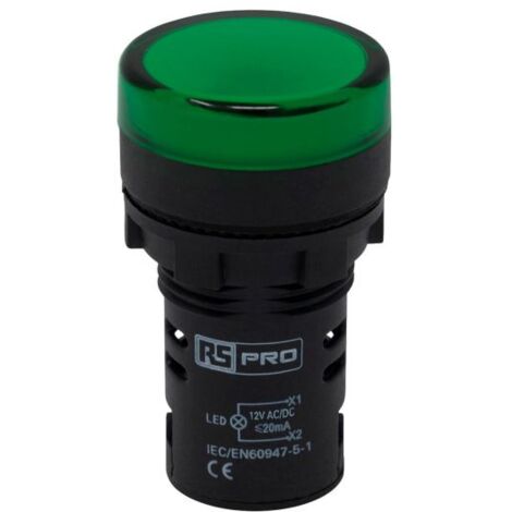 Voyant lumineux LED RS PRO Vert 12V c.a. / V c.c., Ø découpe 22mm, Montage panneau, IP65 ( Prix pour Paquet de 5 )