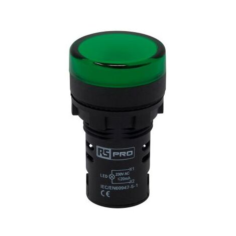 Voyant lumineux LED RS PRO Vert 230V c.a., Ø découpe 22mm, Montage panneau, IP65 ( Prix pour Paquet de 5 )
