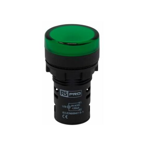 Voyant lumineux LED RS PRO Vert 24V c.a. / V c.c., Ø découpe 22mm, Montage panneau, IP65 ( Prix pour Paquet de 5 )