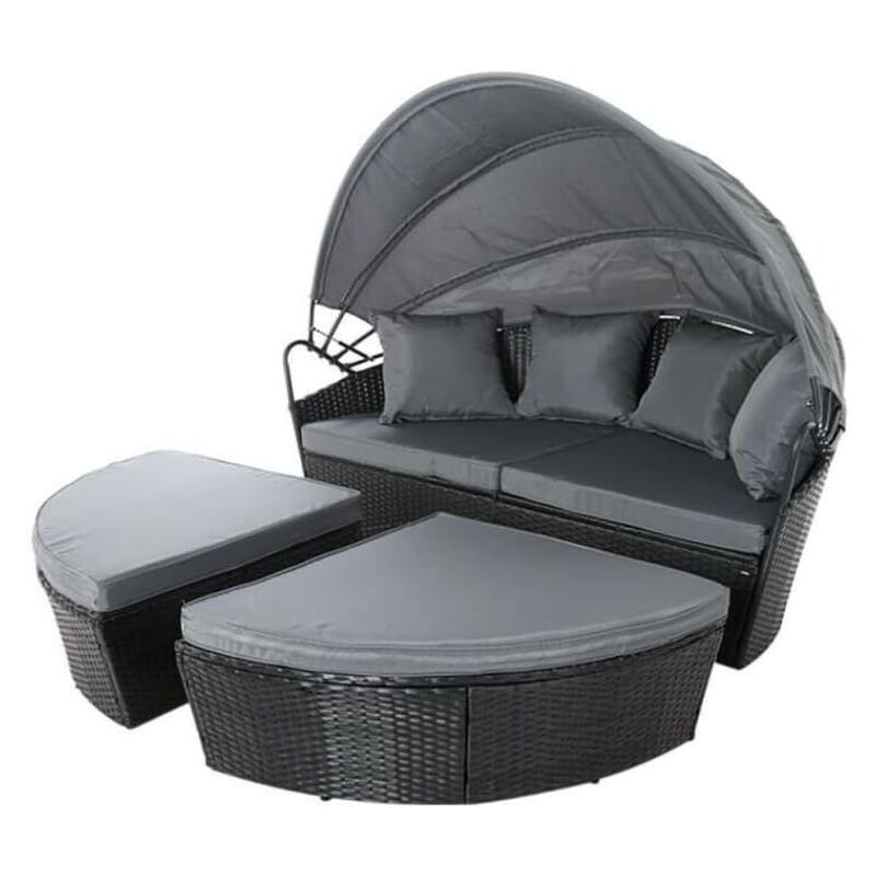 EVRE Black Bali Day Bed Outdoor Garden Furniture Set With Canopy and Cover