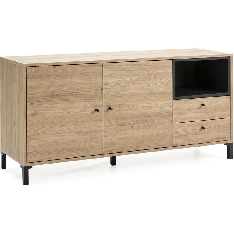 

VS Venta-stock Aparador BAJO SIDNEY 2 cajones. 2 Puertas y 1 Hueco. Color Madera y Negro. 136.5 cm (Ancho) 40 cm (Profundo) 67.5 cm (Altura)