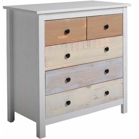 Vs Venta-Stock – Commode blanche en pin massif avec 4 tiroirs multicolores – Dimensions 79x40x80 cm – Poignées métalliques noires modernes