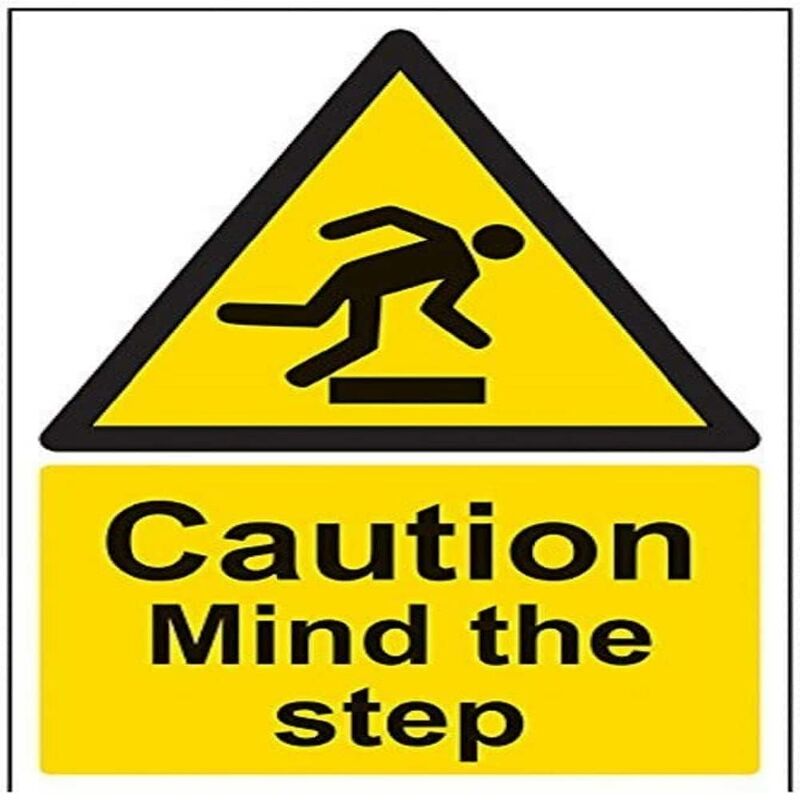 Image of Vsafety - 63013AU-R, cartello di avvertimento con scritta in inglese "Caution Mind The Step, in plastica rigida, 200 x 300 mm, nero/giallo (lingua