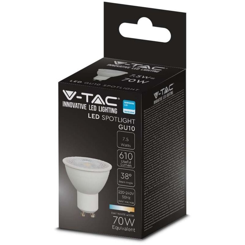 Image of V-tac - pro VT-291 Lampadina led GU10 faretto 38° chip samsung smd 7.5W bianco caldo 3000K - sku 21875 - Bianco