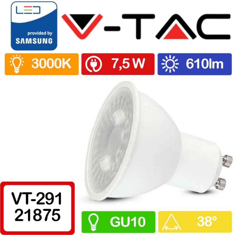 Image of V-tac - pro VT-291 Faretto led GU10 con Chip Samsung 7,5W 38° Bianco caldo - 3000K