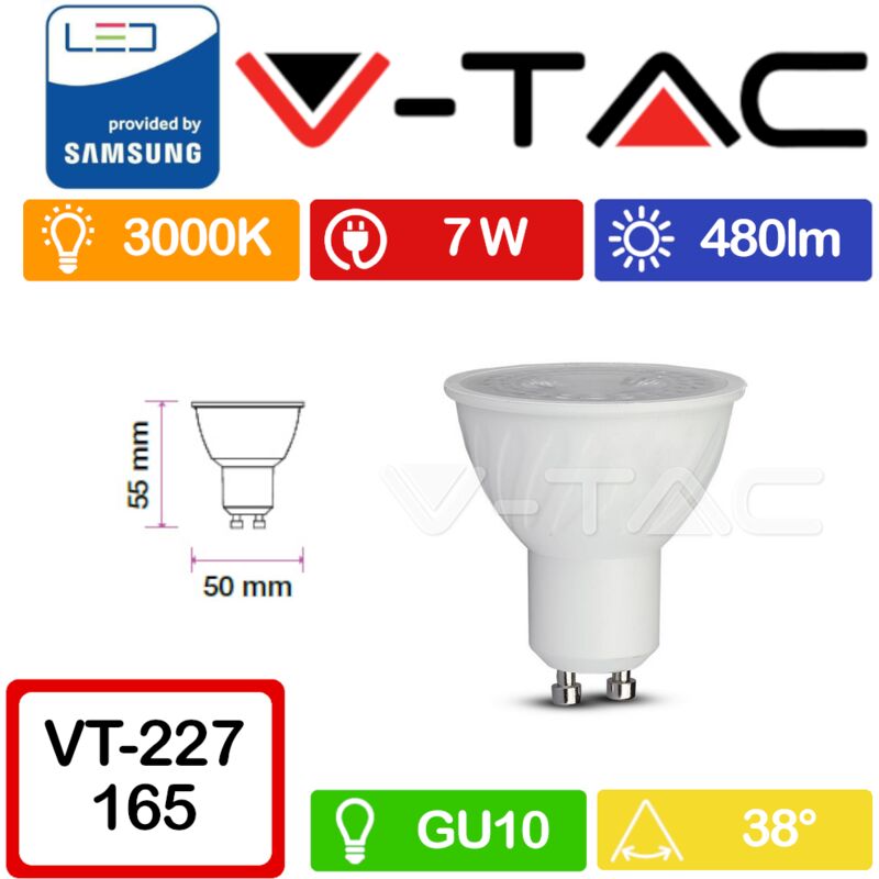 Image of V-tac - pro VT-277 Faretto led GU10 con Chip Samsung 7W 38° Bianco caldo - 3000K