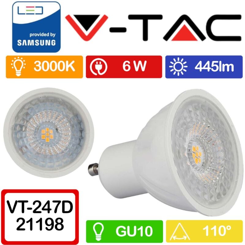 V-tac - pro VT-247D Faretto led GU10 con Chip Samsung 6W 110° 3000K Dimmerabile Bianco caldo - 3000K