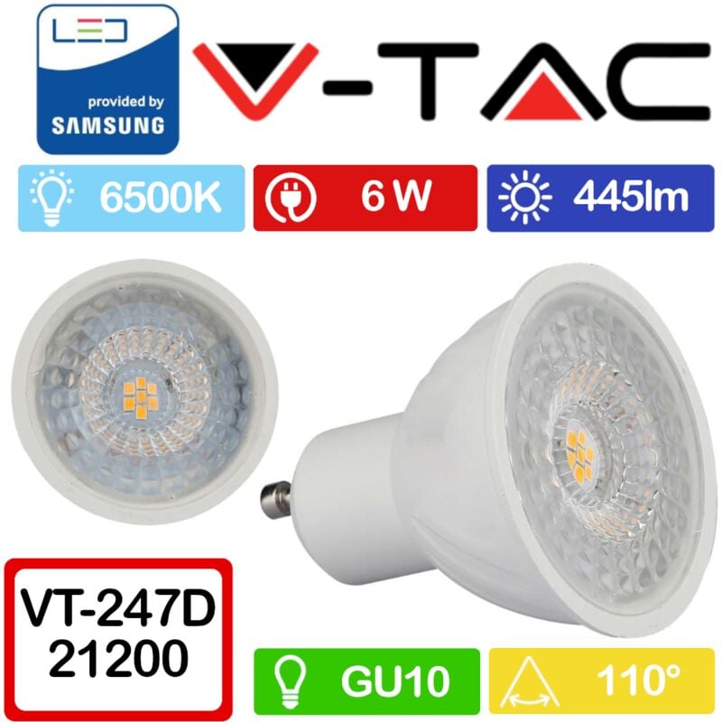 V-TAC PRO VT-247D Faretto LED GU10 con Chip Samsung 6W 110° 3000K Dimmerabile Bianco freddo - 6500K