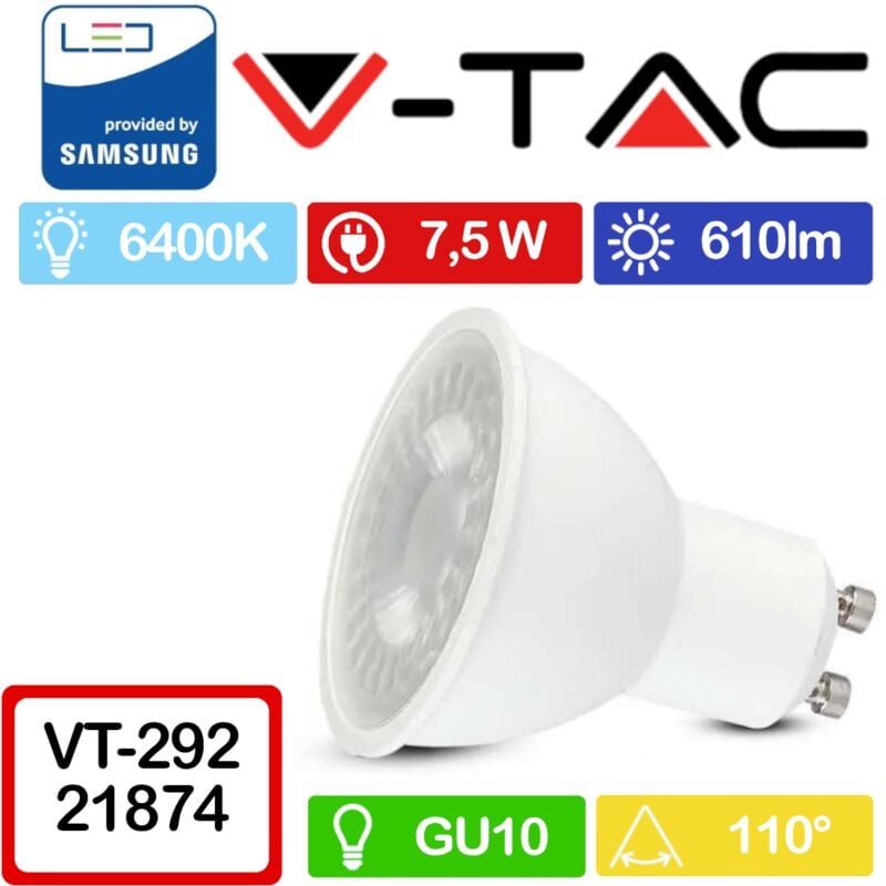 Pro VT-292 Faretto led GU10 con Chip Samsung 7,5W 110° Bianco freddo - 6400K - V-tac