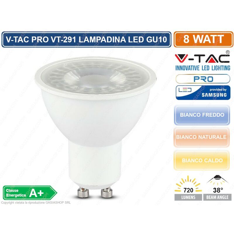 V-TAC PRO VT-291 LAMPADINA LED GU10 8W FARETTO SPOTLIGHT CHIP SAMSUNG 38° - SKU 875 / 876 / 877 - Colore Luce: Bianco Freddo