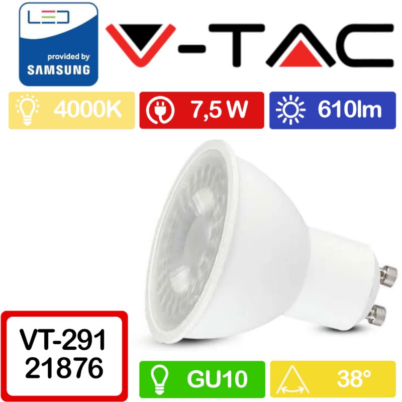 Pro VT-291 Faretto led GU10 con Chip Samsung 7,5W 38° Bianco naturale - 4000K - V-tac