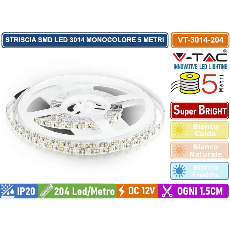 Image of VT-3014 striscia led 3014 monocolore 204 led/metro - bobina da 5 metri - sku 2404 / 2405 / 2403 - Colore Luce: Bianco Freddo - V-tac